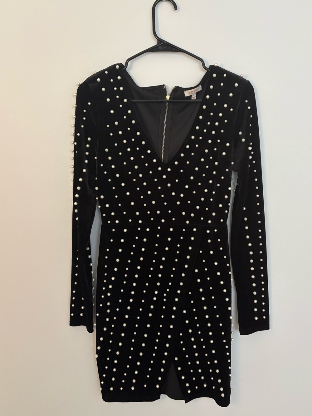 Black Pearl-Studded Velvet Long-Sleeve Dress